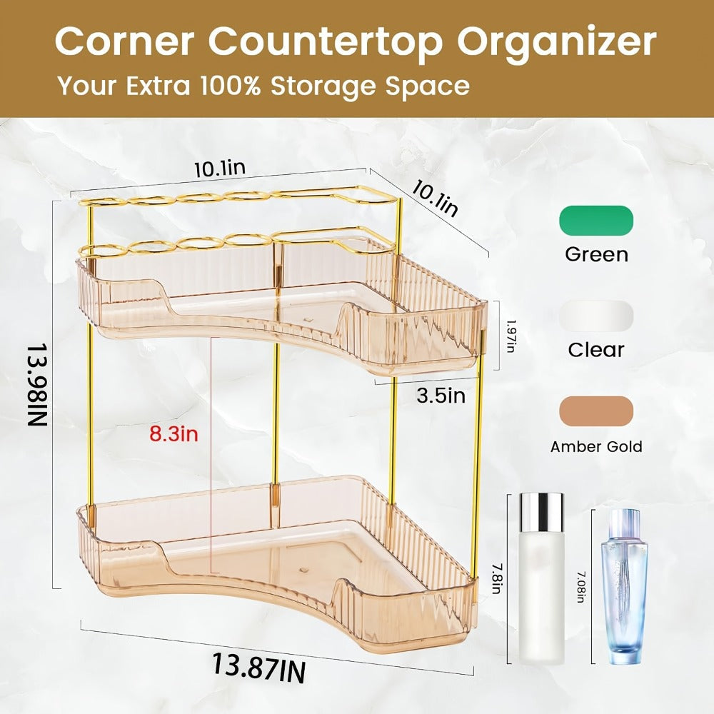 Corner Countertop Bathroom Organizer with 2- or 3-Tier Trays, Brush Rings and Four Color-Style Options