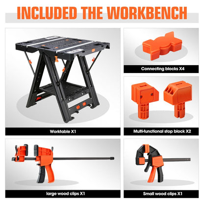 Orange-and-Black Folding 31.1 x 25-Inch Workbench and Sawhorse with Clamps, Blocks and Tool Tray