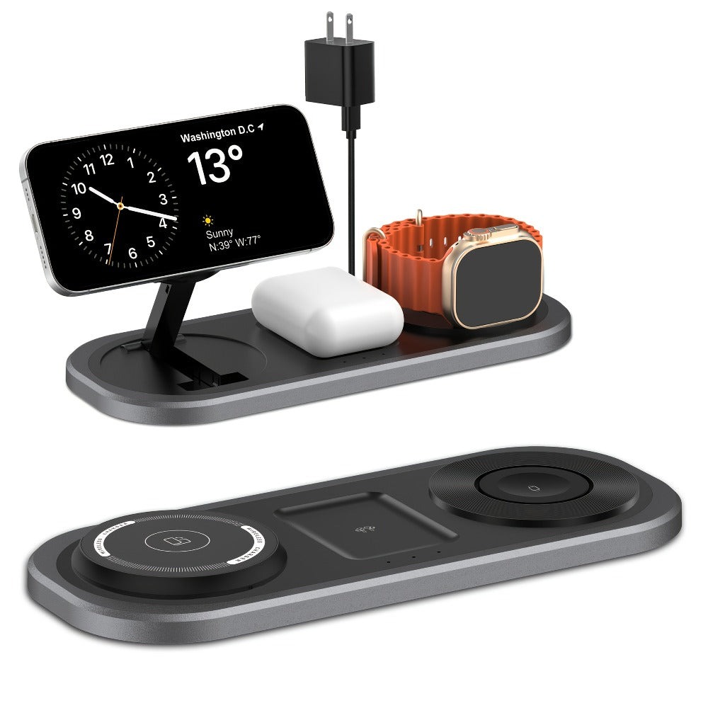 Samsung & iPhone 3-in-1 Wireless Charging Station Foldable 15W Fast Charger for iPhone 17/16/15/14/13/12, Apple Watch Ultra 2/Series 10/9/SE, AirPods Pro 4/3/2 & Samsung Galaxy S25/S24/S23 – 4 Colors Black Gold Silver Blue