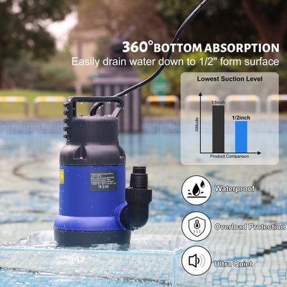 Submersible Sump Pump 1HP 4600GPH Portable Utility Water Pump for Pool Basement Flood Hot Tub