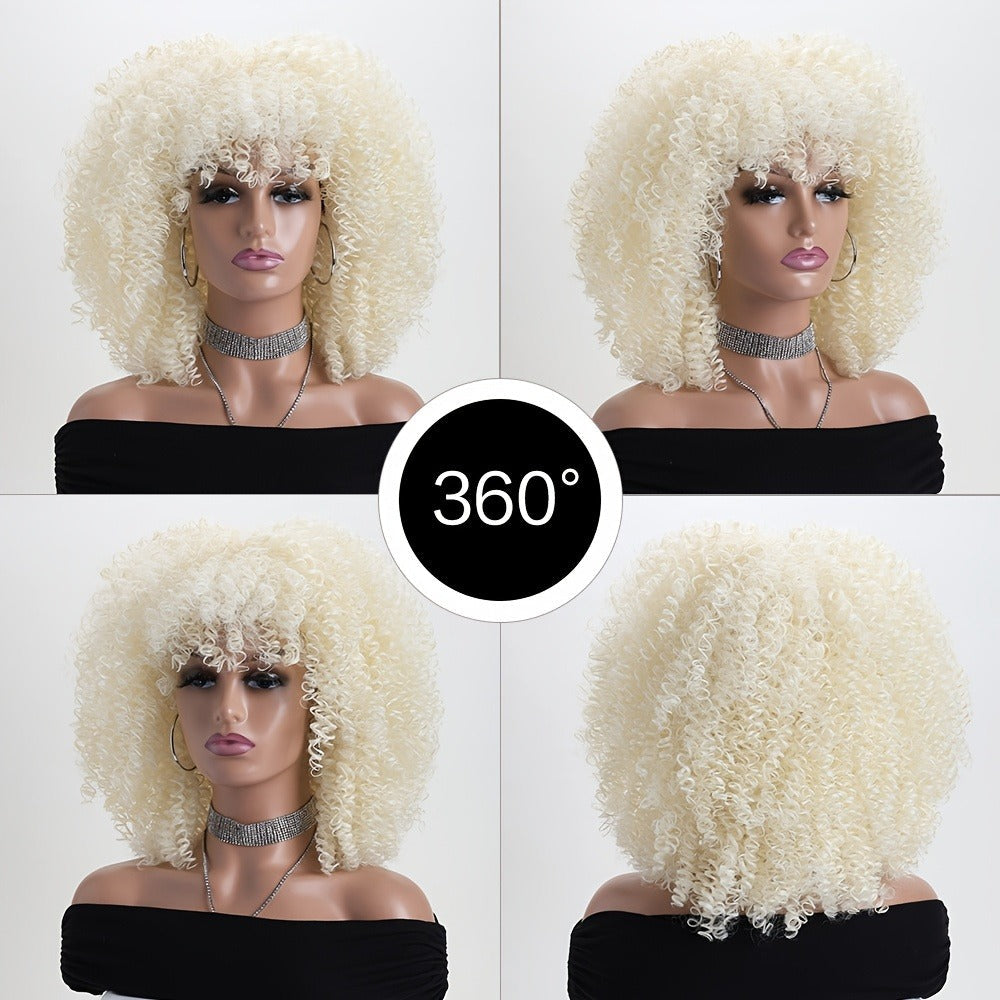 Synthetic Wig 16-Inch Kinky Curly Afro with Elastic Net Cap in 18 Color Options for Cosplay Looks