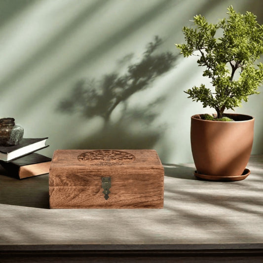 Jewelry Box, Handcrafted Paulownia Wood Keepsake Chest with Carved Tree-of-Life and Floral Motifs