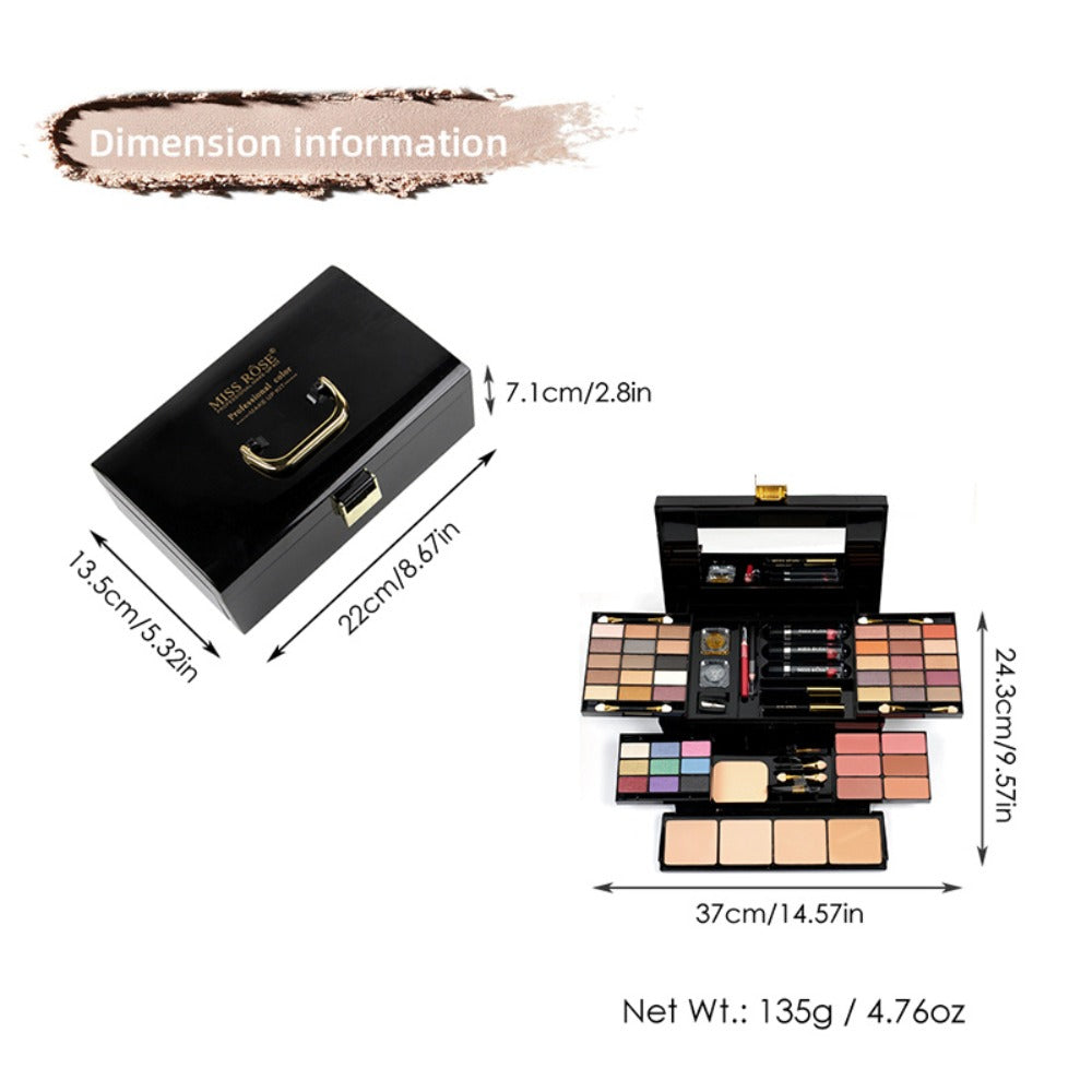 Makeup Kit 58-Color Black Mirror Case with Sliding Trays for Face, Eye and Lip Cosmetics plus Application Tools
