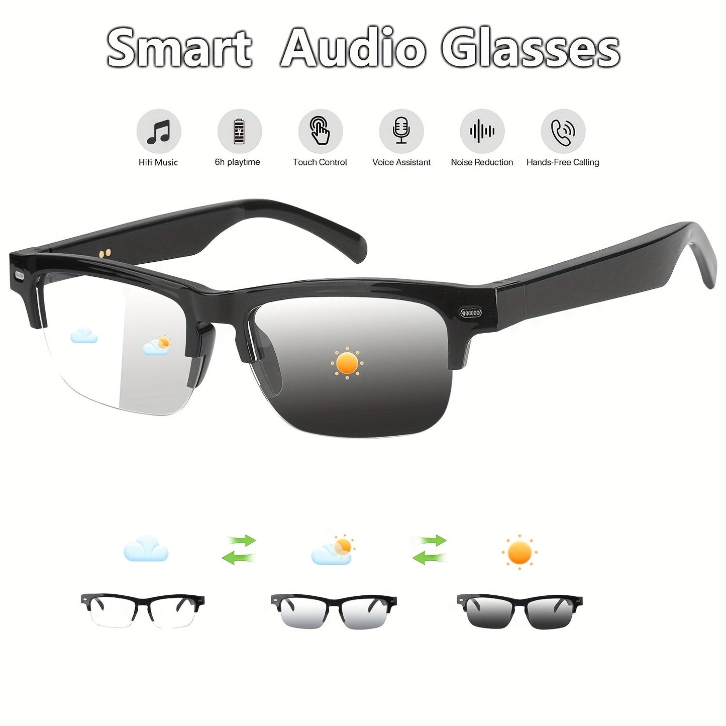 Photochromic Smart Audio Glasses – Auto-Tinting Sunglasses with Built-in Speaker & Mic, HD Voice Calls, Hi-Fi Music, Anti-Blue Light – for Sports, Driving & Daily Wear