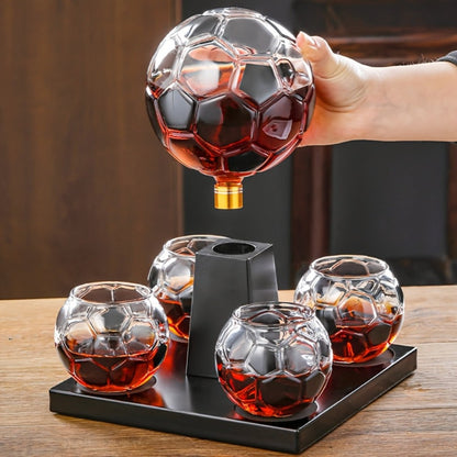 Soccer Ball Whiskey Decanter Set with 30 oz Ball-Shaped Bottle, Four Matching Cups and Black Display Stand