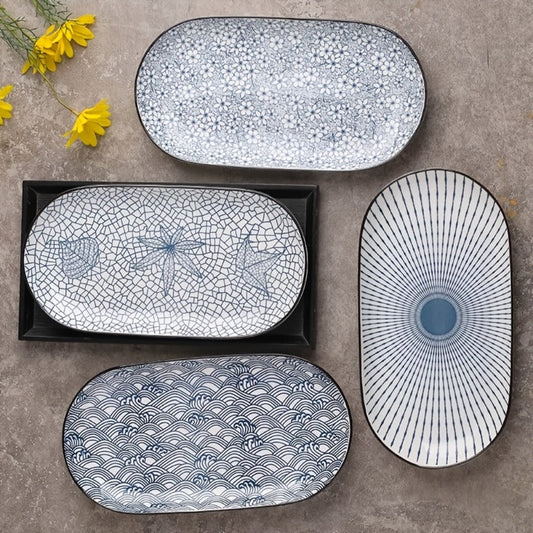 Japanese Blue White Porcelain Fish Plates Set of 4 – 12 Inch Ceramic Serving Plates, Microwave & Oven Safe Steaming Baking Tableware