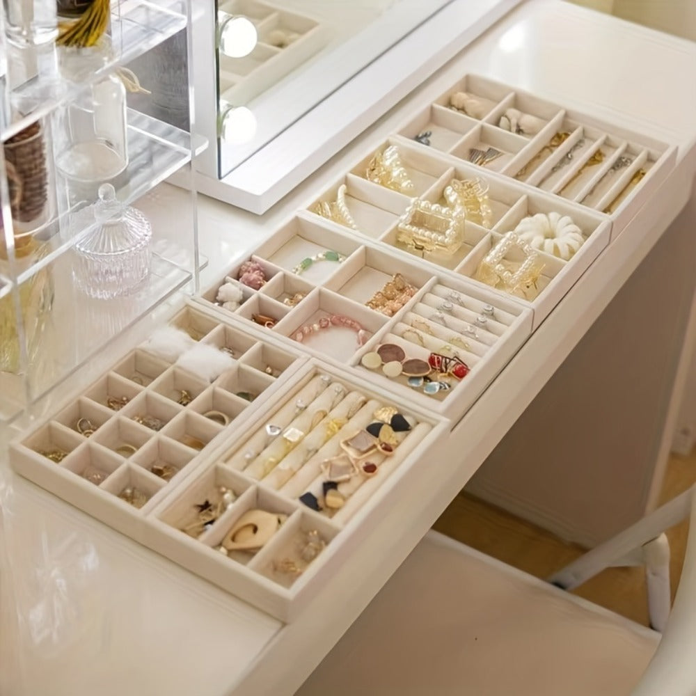 Stackable Jewelry Organizer Trays 6-Piece Set – Rectangular Multi-Compartment Drawer Inserts with Removable Dividers for Earrings, Rings, Necklaces & Bracelets – Tabletop Jewelry Display Case Storage