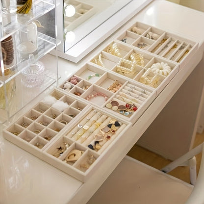 Stackable Jewelry Organizer Trays 6-Piece Set – Rectangular Multi-Compartment Drawer Inserts with Removable Dividers for Earrings, Rings, Necklaces & Bracelets – Tabletop Jewelry Display Case Storage