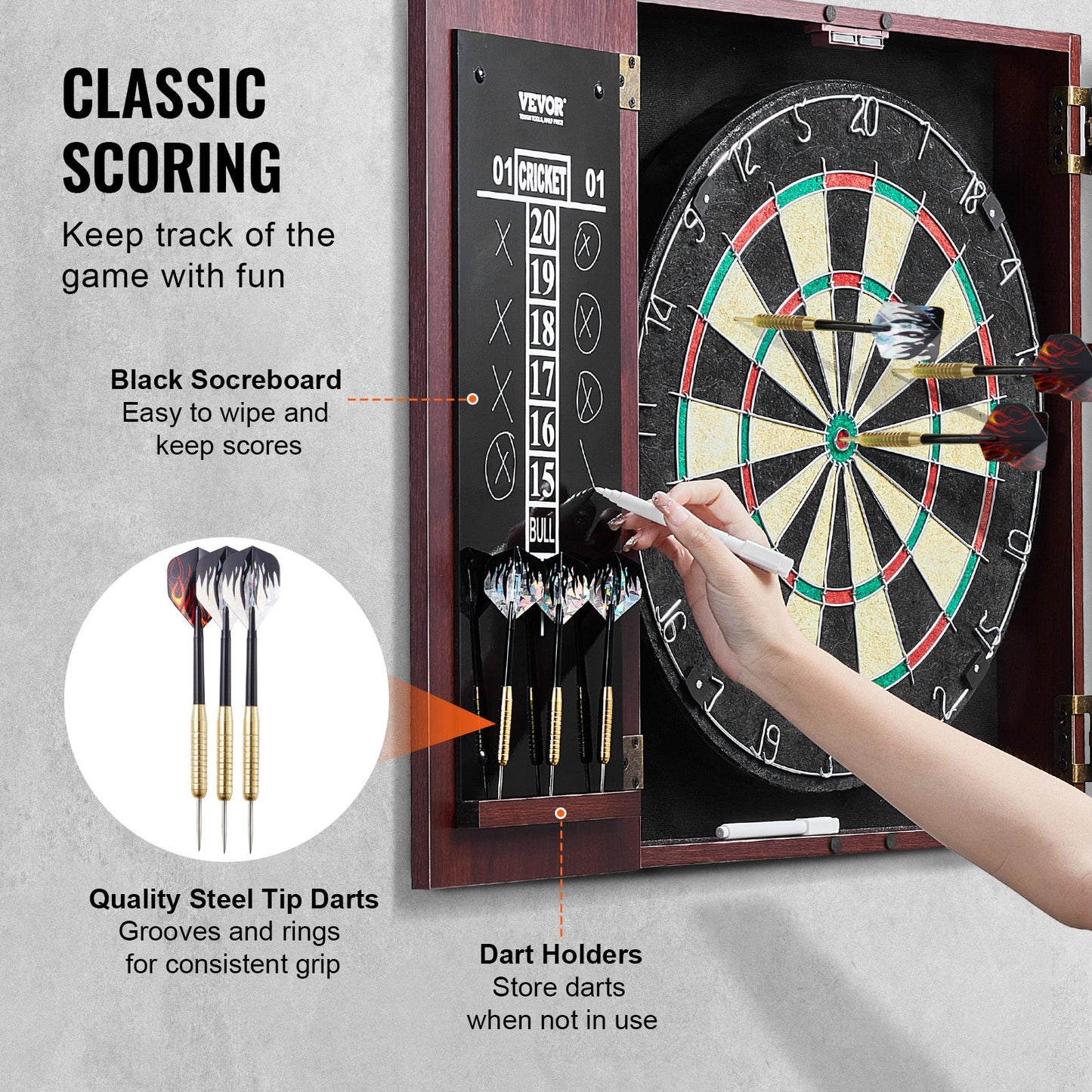 Dartboard Cabinet Set with Steel Tip Darts – 18 Inch Sisal Fiber Board, Retro Wood Cabinet, Scoreboard & Full Accessories Included