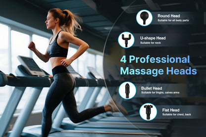 U-Shaped Massage Gun with Four Pictured Heads, 6-Level and 3-Mode Labels, Grey Finish and Long-Reach Housing