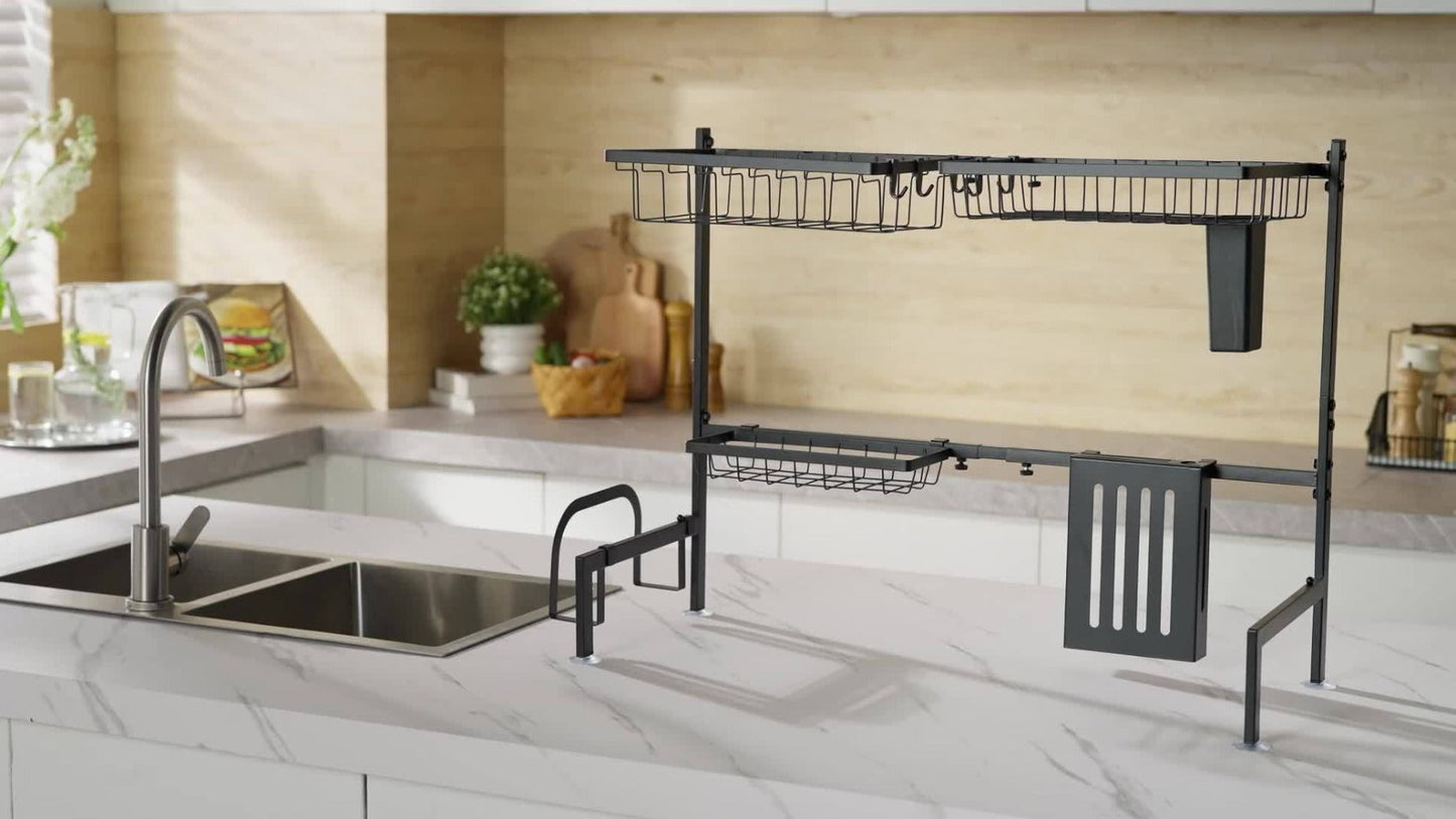 Over-Sink Dish Drying Rack Kitchen Organizer, 30-33.9-Inch Two-Tier Frame with Seven Removable Accessories