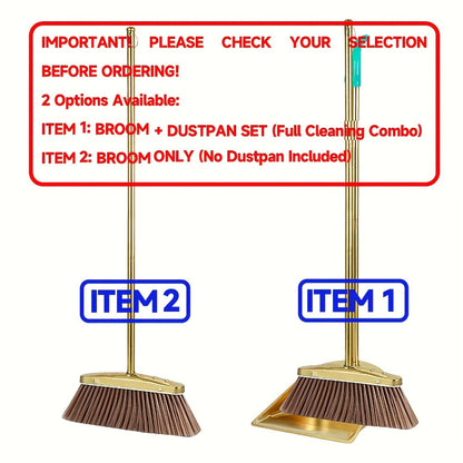 Golden Broom and Dustpan Set with Sectioned Long Handle, Wide Head and Broom-Only or Two-Piece Checkout Options