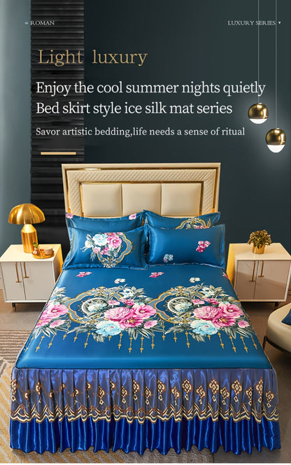 Ruffled Floral Bedspread Mat Set with Two Pillowcases, Twin to King Sizes and Four Pattern Choices