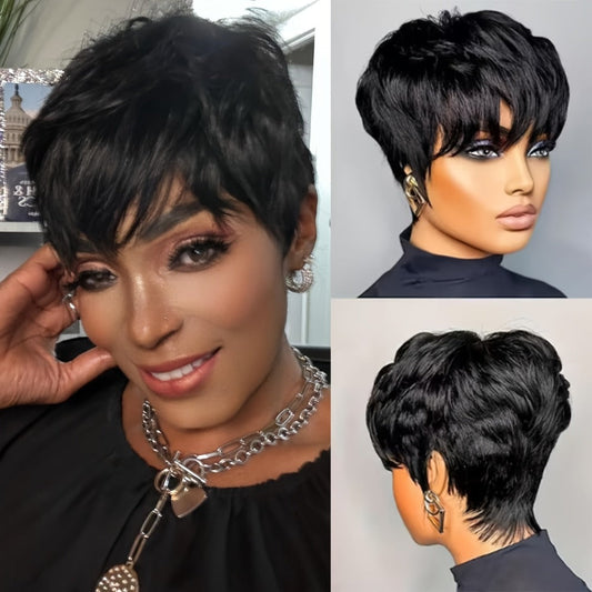 Short Fairy Wig Human Hair Brazilian 150% Density Glueless Rose Net Cap Natural Black 4 Inch Beginner Friendly Elegant Daily Wear Special Occasion Women