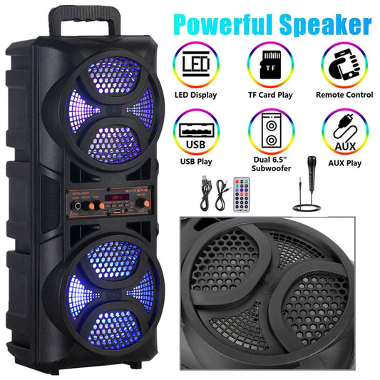 Portable Karaoke Bluetooth Speaker with Wheels & Microphone – Party DJ Sound System Dual 6.5" Woofer LED Lights FM AUX TF USB TWS Rechargeable Outdoor Speaker