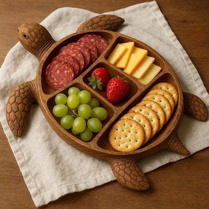 Serving Tray Wood Turtle Shaped Multi-Compartment Divided Dish – Solid Wood Snack Platter with Sections for Dips Fruits Appetizers Party BBQ Picnic Holiday Table Decor