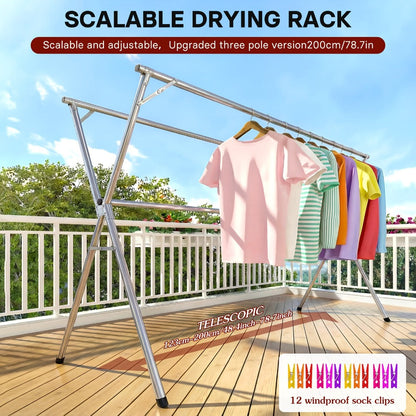 Clothes Drying Rack Collapsible Freestanding, Heavy Duty Stainless Steel Laundry Drying Rack Indoor Outdoor, Adjustable Garment Rack 63" & 79" with Clips