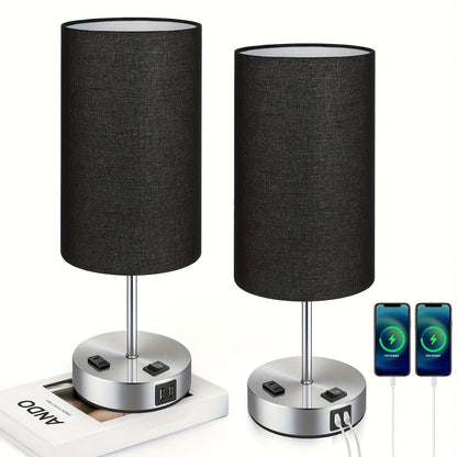 Dimmable Table Lamp with USB Charging Ports & AC Outlet - 3-Way Touch Control Bedside Nightstand Lamp, 6W LED Bulb Included, Wood & Metal Base, Modern Desk Light for Bedroom, Living Room & Office (1 or 2 Pack)