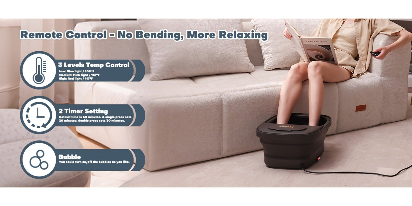 Collapsible Foot Spa Bath with Heat, Bubbles, Remote Temperature Control and Three Attachments