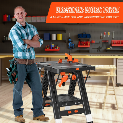 Collapsible Workbench Folding Work Table 31"x25"x32", Height-Adjustable Portable Worktable with 4 Woodworking Clamps, 4 Connecting Blocks, Precision Scale & Protractor
