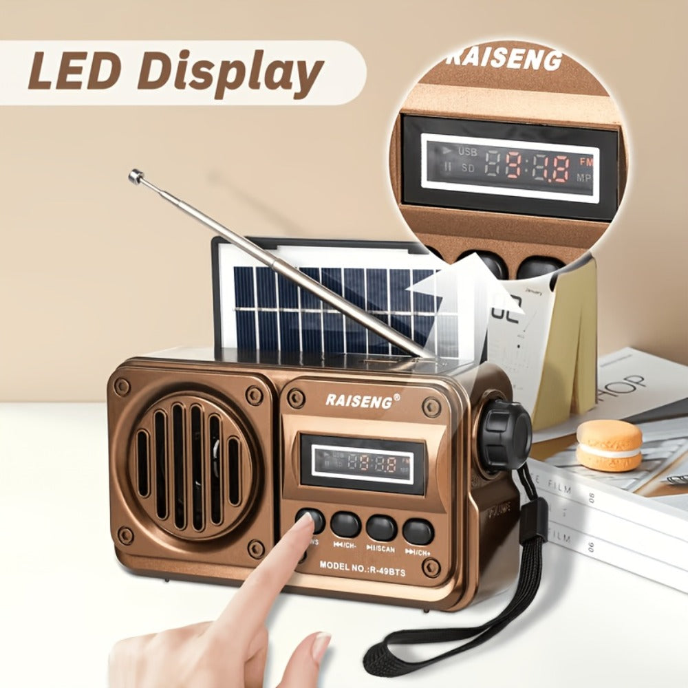 Retro FM Radio Speaker with Solar Panel, Bluetooth, USB and TF Card Playback in Black or Brown