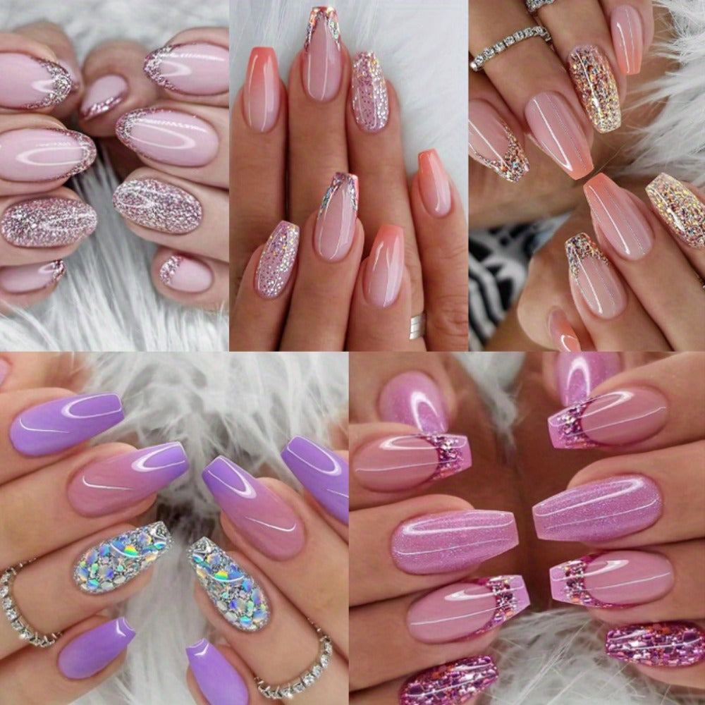 Glitter Sequin Press On Nails 120pcs Coffin Medium Length 5 Packs – Sparkling Pinkish Purple Glossy Full Cover False Nails | Glamorous Nail Art Kit for Women | Party Wedding Bridal Manicure Set