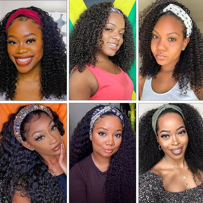 Kinky Curly Headband Human Hair Wig in Natural Color with 14-, 16- or 20-Inch Length Options
