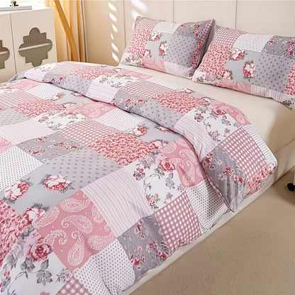 3-Piece Duvet Cover Set with Floral Patchwork Print in Blue, Green or Pink and Four Size Options