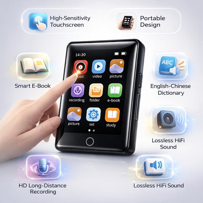 HiFi Touchscreen MP3 Player 2.4" IPS HD Display, Music & Video Playback, E-Book Reader, Voice Recorder, 128GB Expandable Storage, Portable Digital Audio Player for Running Travel Learning