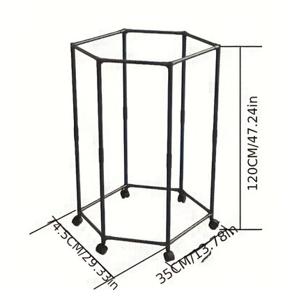 Rotating Hexagonal Garment Rack with Six-Sided Hanging Frame, Casters and Black or White Mesh-Bag Options
