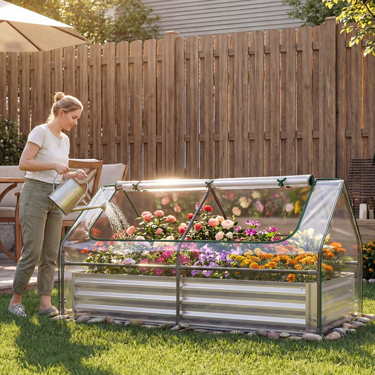 Raised Garden Bed with Greenhouse Cover 3-in-1, Metal Planter Box 71"x35.5"x36" with Dual Roll-Up Screen Windows & Open Bottom for Vegetables, Flowers & Herbs