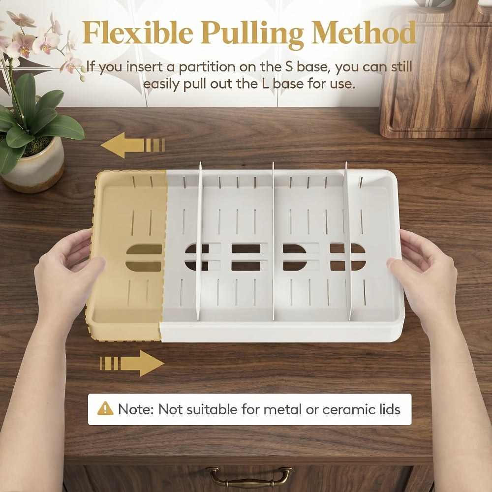 Container Lid Kitchen Organizer with Eight Inserts, 21 Compartments and Expandable 13-24.3-Inch Base