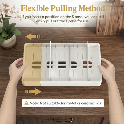 Container Lid Kitchen Organizer with Eight Inserts, 21 Compartments and Expandable 13-24.3-Inch Base