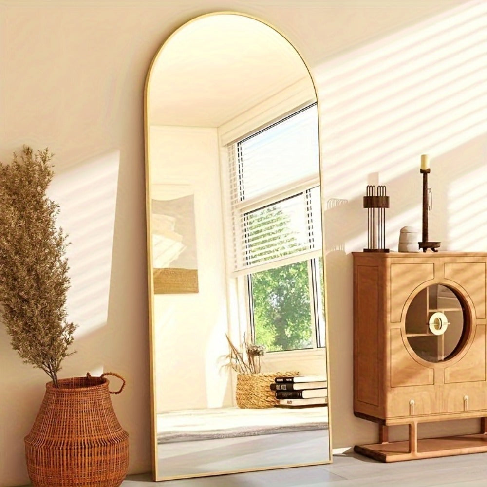 Full Length Mirror 59"x16" Arched Leaning Wall Mirror, Aluminum Alloy Thin Frame, Vertical or Tilted, Black & Gold