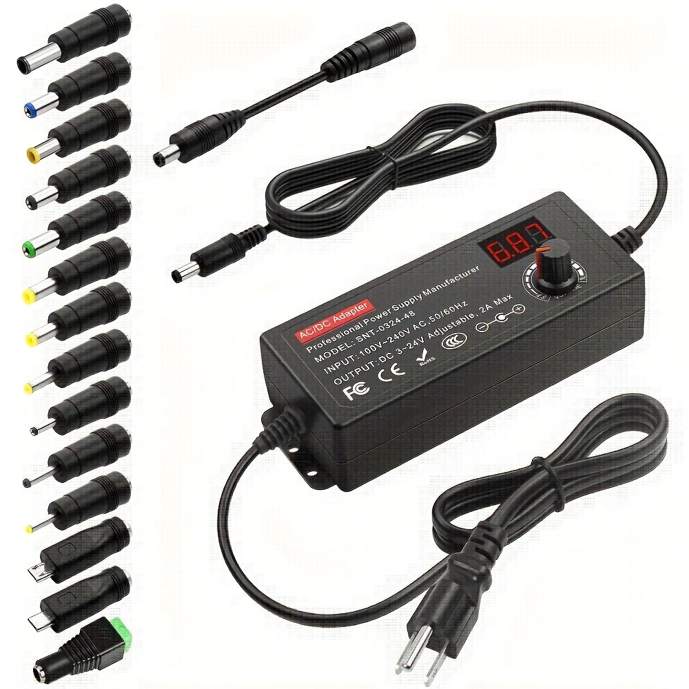 Adjustable 4–24V AC/DC Power Adapter with 48W Label, LCD Readout, Knob and Polarity Converter Set