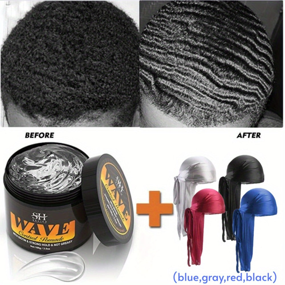Wave Pomade Set for Men Strong Hold 360 Waves — Glycerin Formula Silky Shine, 4-Piece or 5-Piece Bundle with Silky Durag & Wave Brush, Deep Wave Pattern Hair Styling Kit, 100g