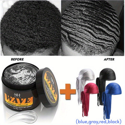 Wave Pomade Set for Men Strong Hold 360 Waves — Glycerin Formula Silky Shine, 4-Piece or 5-Piece Bundle with Silky Durag & Wave Brush, Deep Wave Pattern Hair Styling Kit, 100g