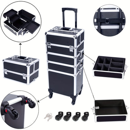 Four-in-One Rolling Makeup Case with Aluminum Frame, Swivel Wheels and Black, Pink or Silver Options
