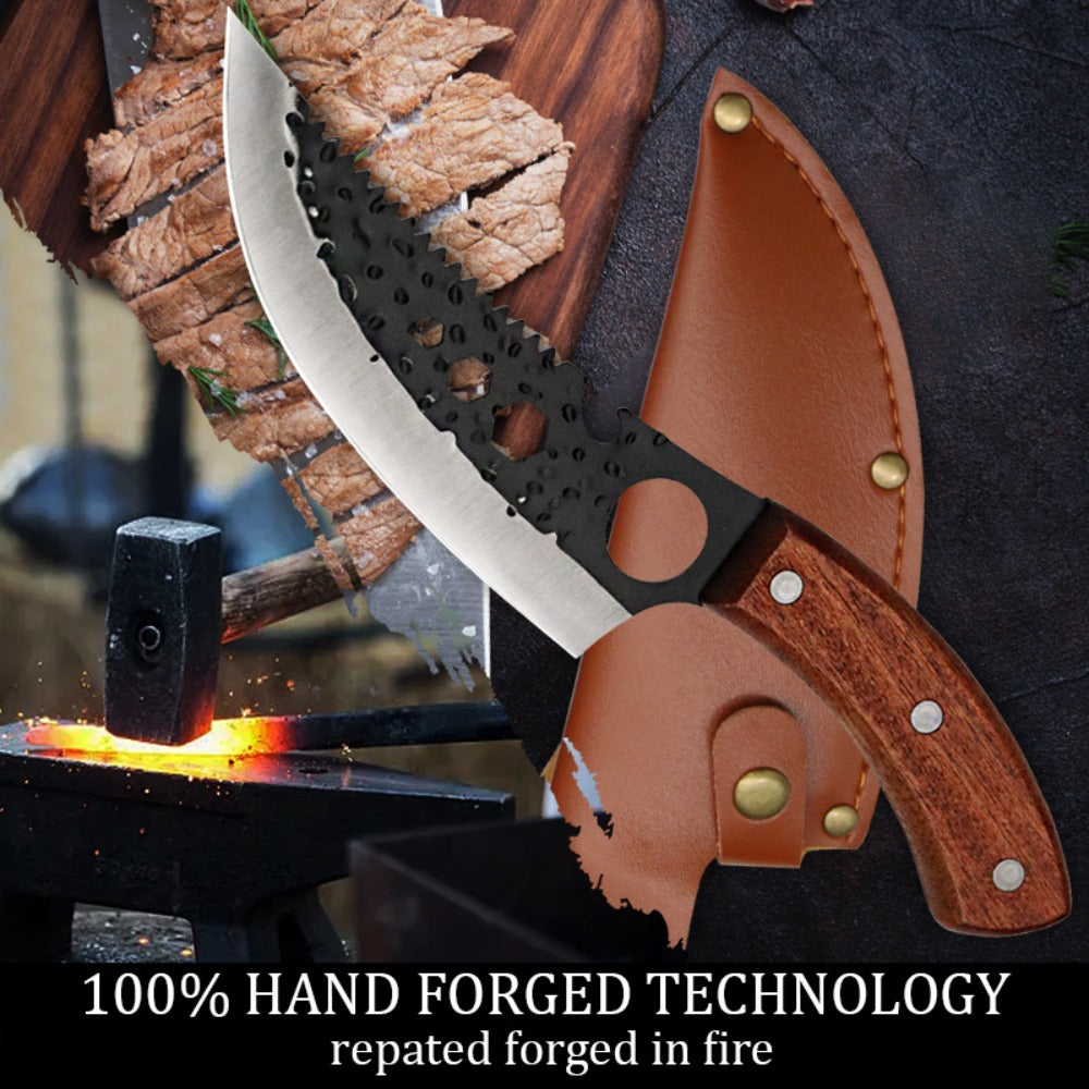 Viking Chef Knife Set 3/4pcs Hammered Stainless Steel Kitchen Knives – Boning, Utility & BBQ Knife with Wooden Handle for Cooking, Camping & Outdoor