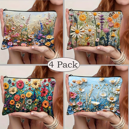Makeup Bag – Daisy Floral Makeup Bag 4-Pack Set Foldable Zipper Travel Cosmetic Pouch Durable Toiletry Organizer Gift for Women Girls…