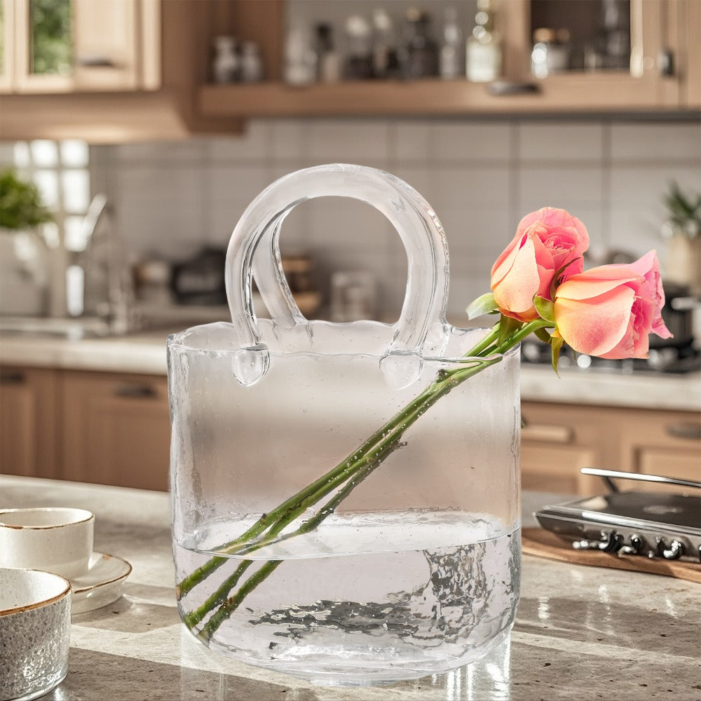 Clear Bubble Glass Purse Vase with Handbag Handles, 1- or 2-Piece Set and 10.4-Inch Height