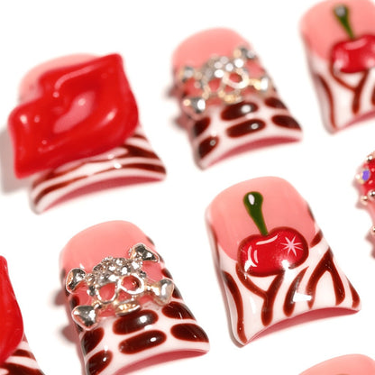 Short Duckbill Press On Nails 3D Red Lips Skull Cherry Bow Rhinestone – Zebra Stripe Polka Dot Sweet Cool Acrylic Nail Art Set for Party, Date Night & Daily Wear, 10pcs S/M/L with Tools