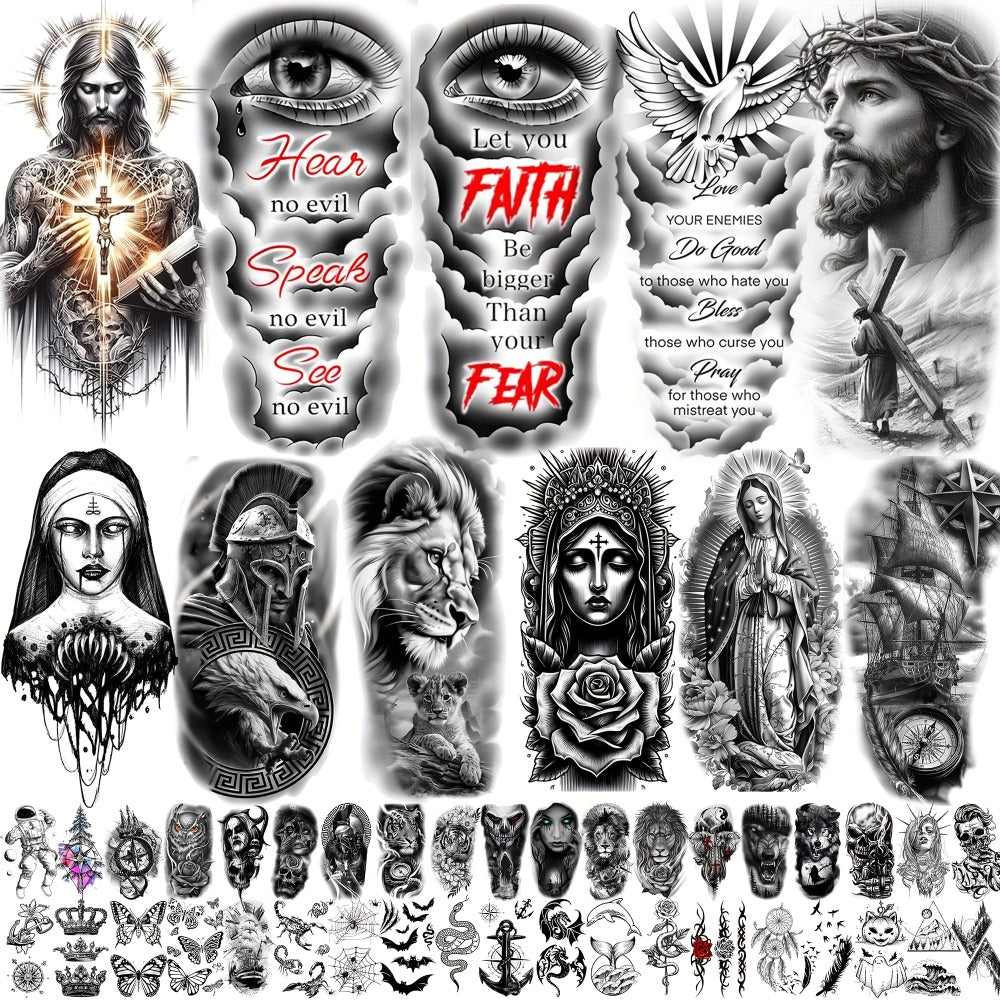 Christian Temporary Tattoos 68 Sheets Bulk Set | God Jesus Faith Prayer Peace Tribal Lion Eye Quote Designs | Waterproof Fake Tattoo Stickers for Men Women Adults | Half Arm Sleeve Body Art Pack
