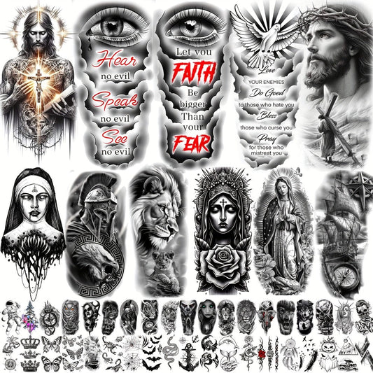 Christian Temporary Tattoos 68 Sheets Bulk Set | God Jesus Faith Prayer Peace Tribal Lion Eye Quote Designs | Waterproof Fake Tattoo Stickers for Men Women Adults | Half Arm Sleeve Body Art Pack