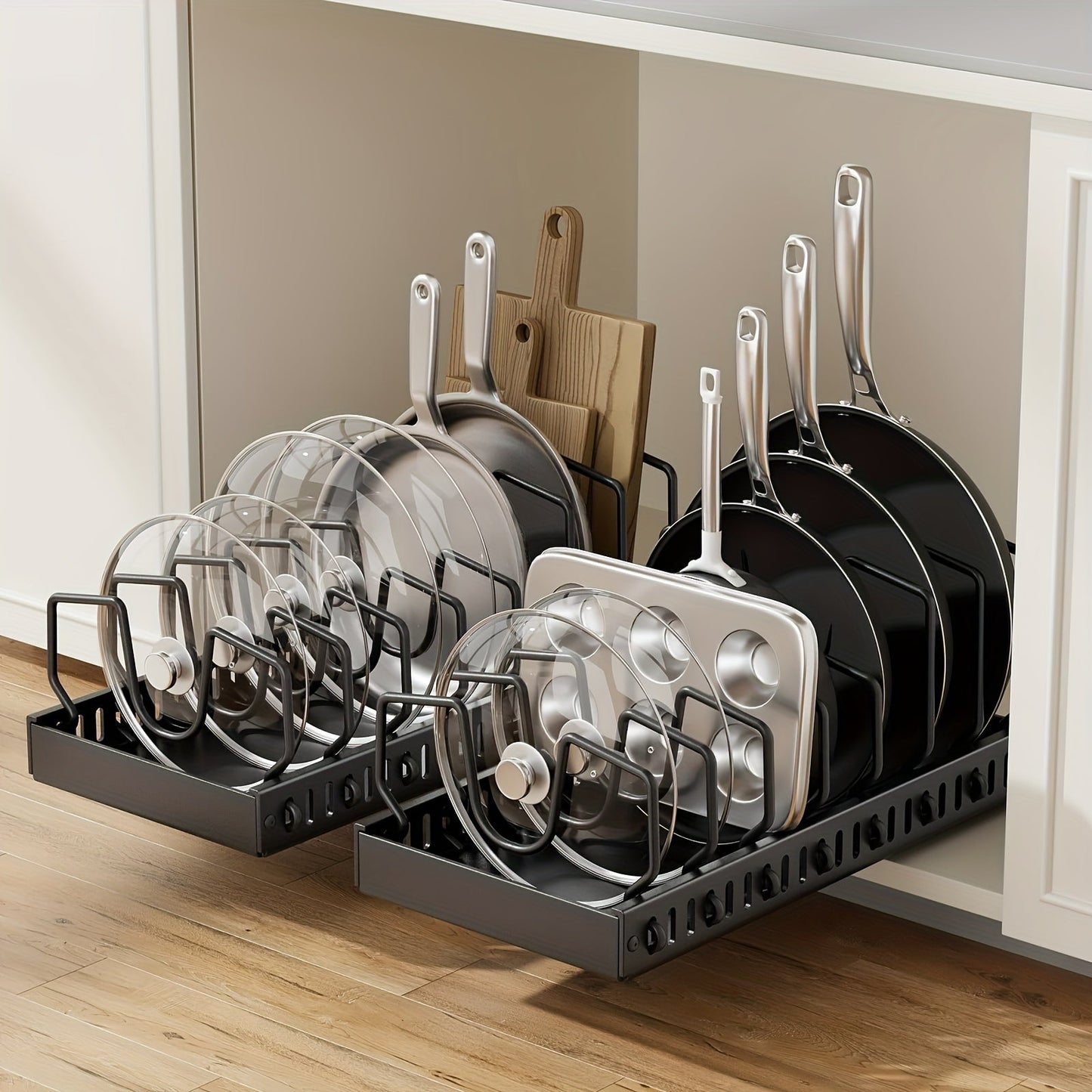 Two-Piece Pull-Out Cabinet Organizer for Pot Lids and Cookware with Removable Dividers in Black or White