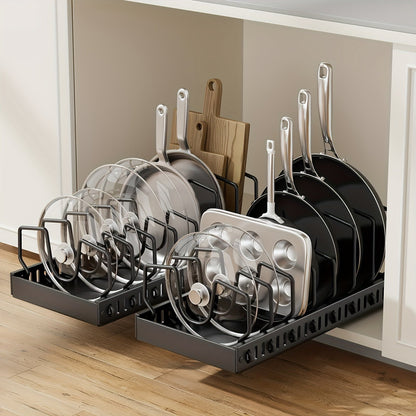 Two-Piece Pull-Out Cabinet Organizer for Pot Lids and Cookware with Removable Dividers in Black or White