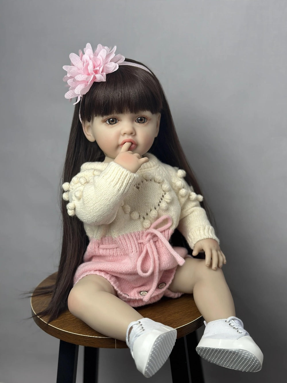 Reborn Baby Doll 22-Inch Full Vinyl Seated Design with Long Dark Wig Hair, Acrylic Eyes and Outfit Set