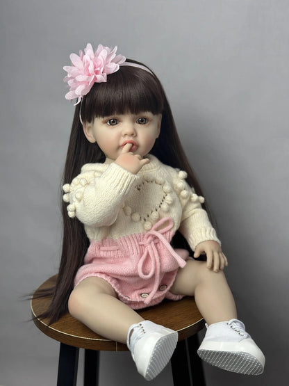Reborn Baby Doll 22-Inch Full Vinyl Seated Design with Long Dark Wig Hair, Acrylic Eyes and Outfit Set