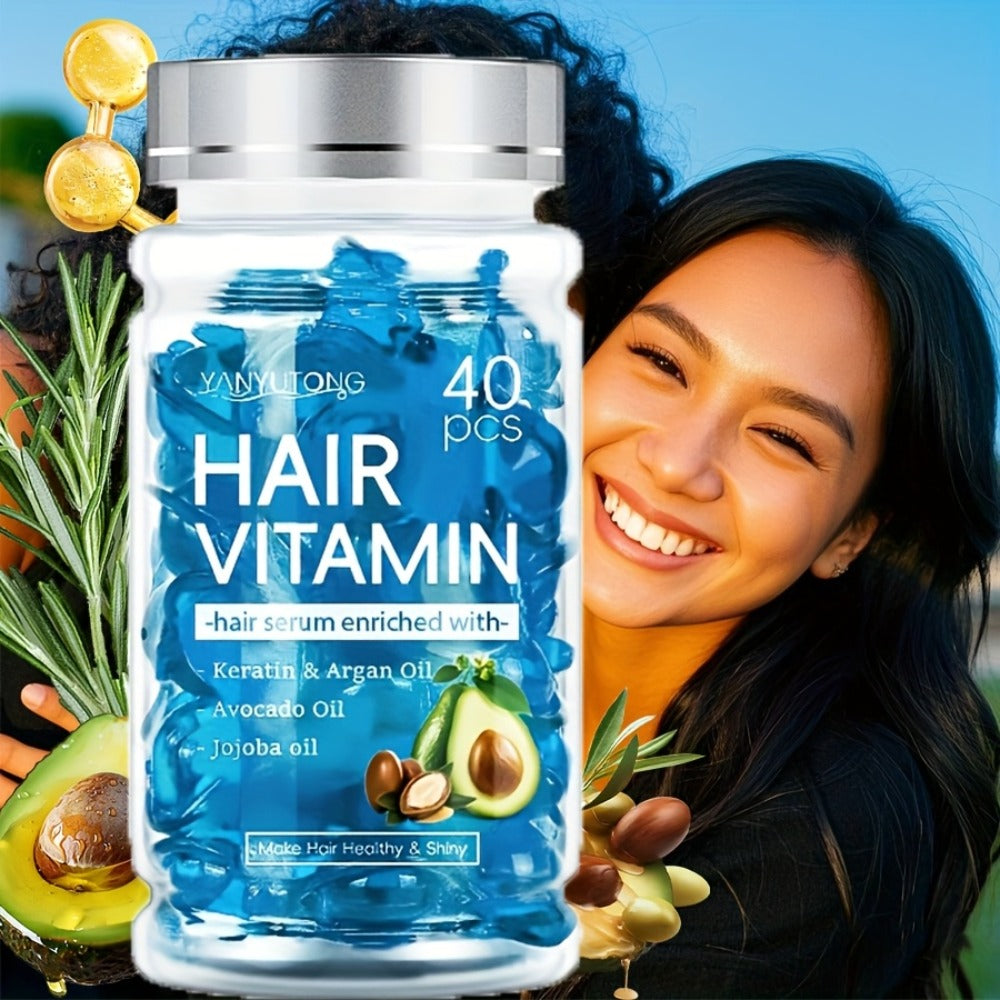 Hair Oil Capsules 40pcs — Keratin Hair Vitamin Essence with Moroccan Argan Oil, Avocado Oil & Jojoba Oil | No-Rinse Deep Nourishing & Smoothing Treatment for Frizz Control & Shine | All Hair Types