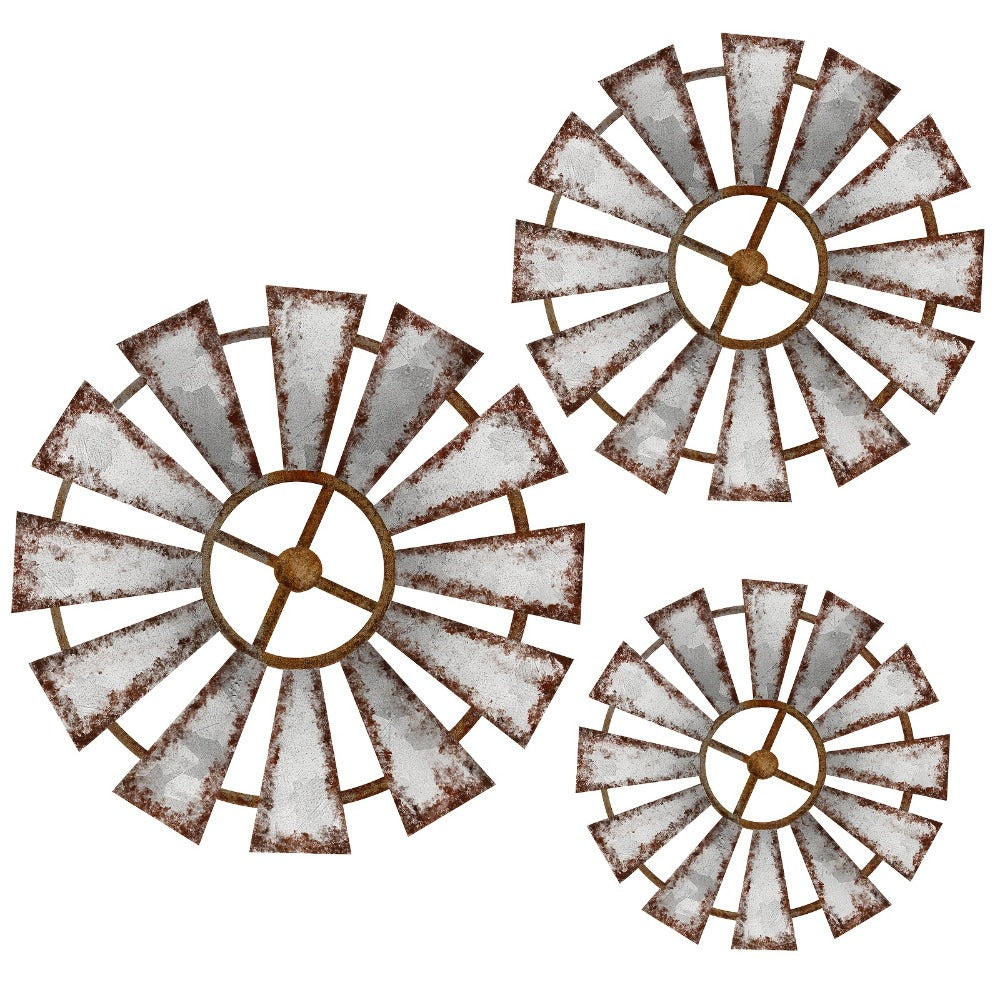 Wood Windmill Wall Decor, Three-Piece Set with Distressed White-and-Brown Finish in Graduated Sizes